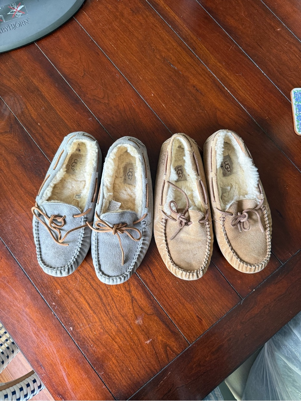 UGG Two Pair Dakota Style Suede Moccasin Slippers in Gray & Chestnut